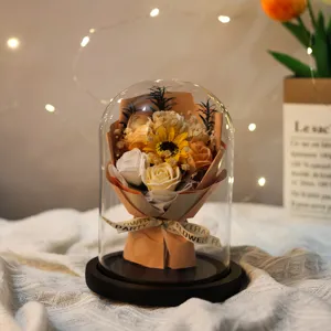 Large glass dome LED night light with a beautiful soap flower rose and sunflower bouquet