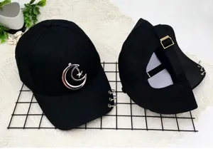 Black baseball cap with moon star pendant and metal rings for men and women hip hop hat.