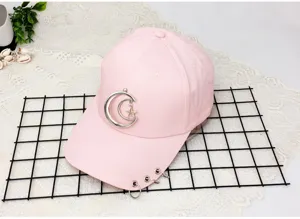 Pink baseball cap with moon star pendant and metal rings, fashion casual hip hop hat.
