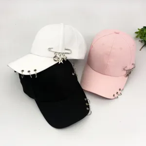 Trendy Cotton Baseball Cap With Metal Rings Safety Pins Pendants Hip Hop Streetwear Adjustable Casual Sun Protection Hat For Women Men