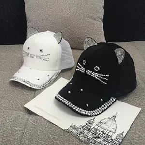 Cute Cat Ear Rhinestone Baseball Cap For Women Kids Breathable Mesh Sun Hat Sparkly Inlaid Diamond Adjustable Summer Cap
