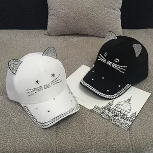 Stylish women's cat ear mesh baseball cap with sparkling rhinestones for summer