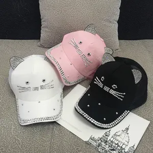 Set of cute cat ear baseball caps decorated with glittering rhinestones and breathable mesh.