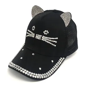 Stylish black mesh baseball cap with cute cat ears and sparkling rhinestone decorations.