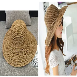 Wide brim straw sun hat for women shown on a model and as a flat lay style
