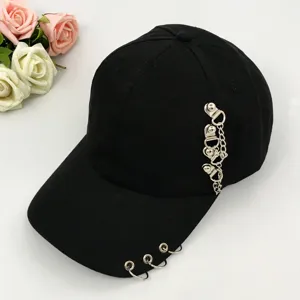 Western style personalized black baseball cap with metal rings and side chain accessory