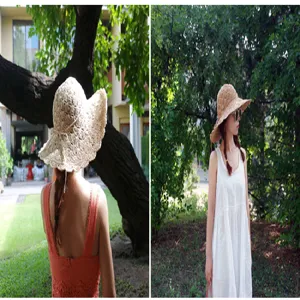 Handmade woven straw sun hat with large brim shown in an outdoor park vacation setting