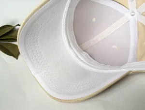Inside detail of a beige baseball cap showing white sweatband and stitching.