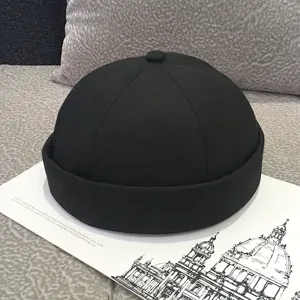 Black docker cap brimless retro beanie men women hip hop street hat solid color