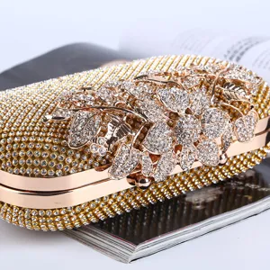Pochette de soirée luxe dorée avec strass et motif élégant de feuilles et fleurs