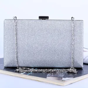 Women Minimalist Glitter Evening Bag Hard Shell Square Clutch With Metal Chain Strap For Wedding Banquet Party
