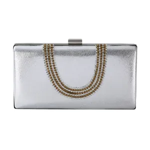Elegant Luxury Rhinestone Evening Bag For Women Metallic PU Square Clutch Purse U Shaped Chain Handbag For Banquet Wedding Party