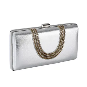 Elegant silver evening clutch bag with sparkling rhinestone U-shaped strap for women parties.