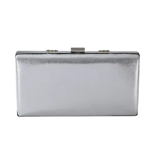 Silver hardcase evening clutch bag for women, elegant metallic wedding party prom handbag.