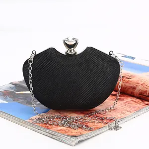 Elegant black glitter evening clutch bag for women with diamond clasp and silver chain strap