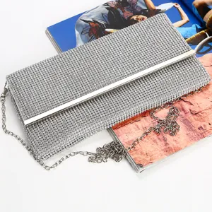 Stunning silver rhinestone evening bag, elegant envelope clutch with chain for women party.
