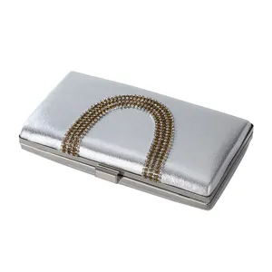 Silver evening clutch bag with U-shaped rhinestone detail, elegant wedding party purse for women.