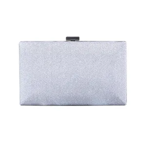 Silver glitter evening clutch bag for women, elegant sparkly hardcase party wedding handbag.