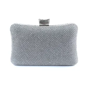Elegant silver rhinestone clutch bag for women, sparkling evening party wedding purse.