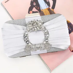 Women Pleated Evening Clutch Bag Satin Rhinestone Handbag Small Box Bag With Detachable Chain For Wedding Party Formal Event