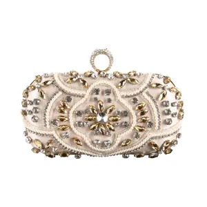 Pochette de Soirée Perlée à la Main avec Strass pour Femmes Sac en Satin Vintage avec Fermoir Anneau Mariage Banquet