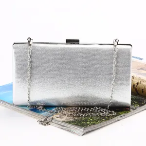 Elegant silver metallic evening clutch bag with detachable chain strap for parties