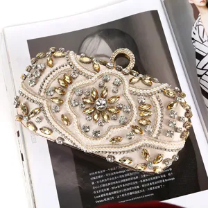 Pochette de soirée champagne faite main avec strass ambrés et fermoir en anneau