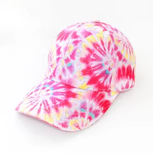 Detailed view of trendy pink tie-dye baseball cap, casual outdoor sun protection.