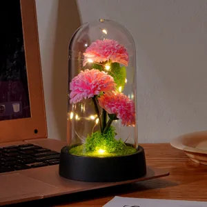 Detailed shot of preserved carnation glass dome night light with LED fairy lights on desk.