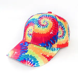 Tie-dye baseball cap detail view, vibrant colorful pattern, casual sun hat style.