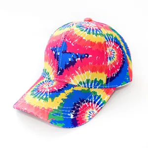 Close-up detail of the colorful tie-dye cap showing vibrant pattern and stitching.