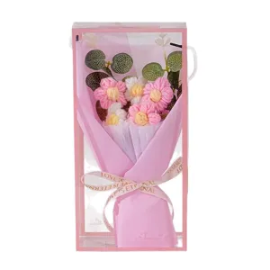 Handmade Crochet Flower Bouquet Gift Box Pink Daisy Artificial Flower Valentine's Day Present