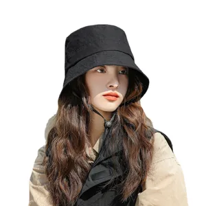 Schwarzer Damen-Bucket-Hat aus Baumwolle, Sonnenschutz, lässige faltbare Sommer-Fischer-Mütze.