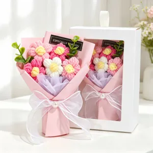 Handmade knitted yarn flower bouquet in elegant white gift box for Valentine's Day