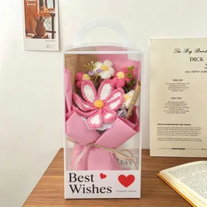 Crocheted cosmos flower bouquet gift box, handmade knitted floral gift for teachers and lovers.