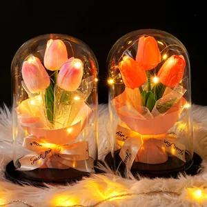 Detalle de lámparas de tulipanes en cúpulas de vidrio con luces LED cálidas