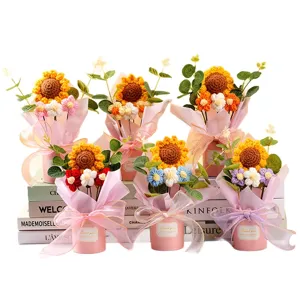 Handmade crochet sunflower bouquet artificial knitted flower gift for teachers decoration