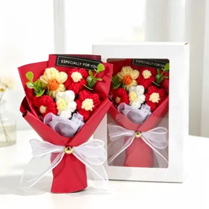 Handmade crochet flower bouquet in white windowed gift box for Valentine's Day gift