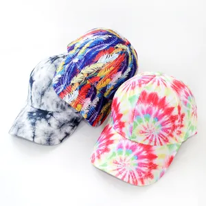 Fashion Unisex Polyester Printed Baseball Cap Tie Dye Feather Gradient Pattern Wide Brim Sunshade Trucker Hat For Outdoor Casual Travel