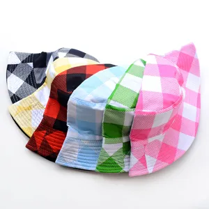 Collection of checkered bucket hats in various colors for casual street style.