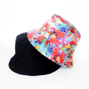 Chapeau bob réversible pour femmes et hommes, imprimé abstrait coloré et bob noir d'été.
