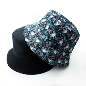 Reversible bucket hat for men and women, black and skull octopus print, sun protection.