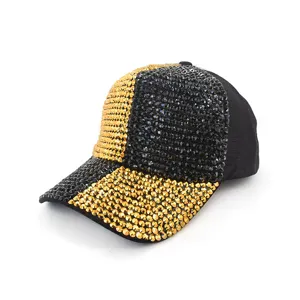 Gorra de béisbol con diamantes de imitación para mujer negro oro color dividido sombrero