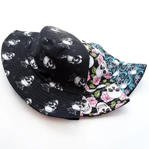 Reversible bucket hat with cool skull and floral print, stylish streetwear sun hat for men and women.