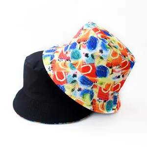 Reversible bucket hat for men and women, colorful abstract print sun protection outdoor cap.