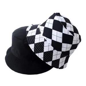 Classic black and white checkered reversible bucket hat for men and women street style