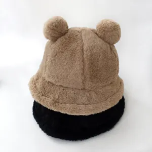 Close-up showing the soft faux fur texture of cute bear ear bucket hats for winter