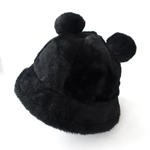 Side view of cute black plush bucket hat with fuzzy bear ears
