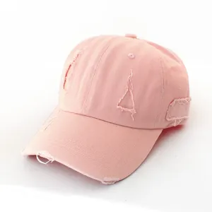 Retro distressed pink baseball cap for women and men, casual summer sun protection hat.