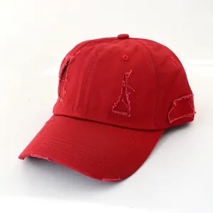 Red distressed baseball cap detail, vintage casual sun hat for summer outdoor wear.